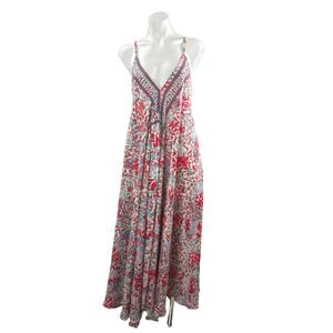 Advance Red Silk Floral V Neck Boho Sleeveless Cami Tank A Line Maxi Dress OS